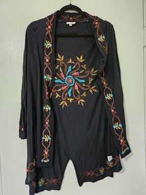 Luv Luv Embroidered Boho Open Front Cardigan Jacket Black Medium